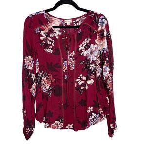 New Hem & Thread Small S Bordeaux Red Floral Long Sleeve Blouse Tie Neck Trim